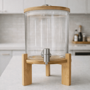 Dispensador de Bebidas de Vidrio con Base de Bambú