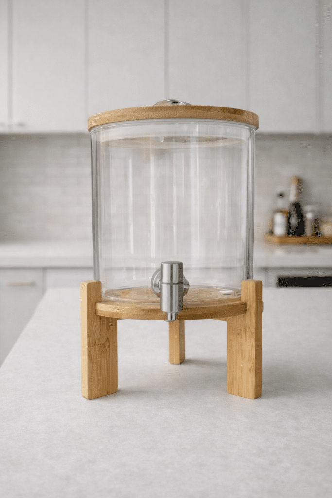 Dispensador de Bebidas de Vidrio con Base de Bambú