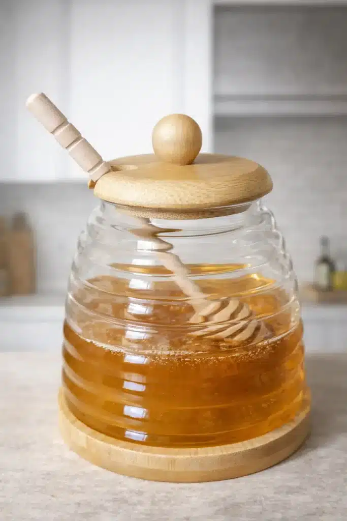 Dispensador de Miel de Vidrio con Tapa de Bambú
