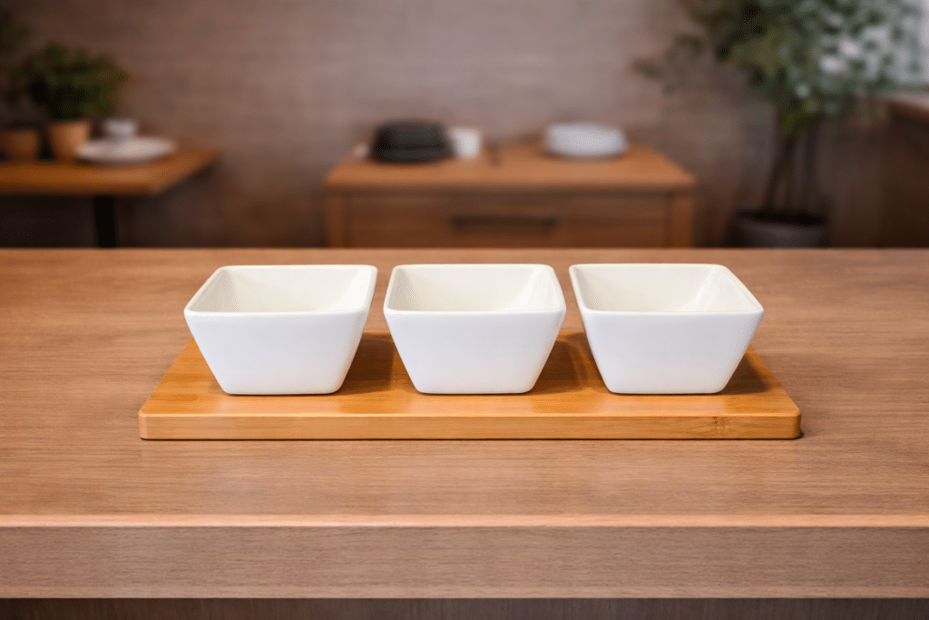 Set de Bowls Cuadrados de Cerámica con Base de Bambú – 3 Piezas