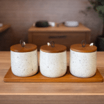 Set de Frascos de Cerámica Texturizada con Tapa de Madera