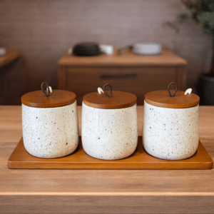 Set de Frascos de Cerámica Texturizada con Tapa de Madera